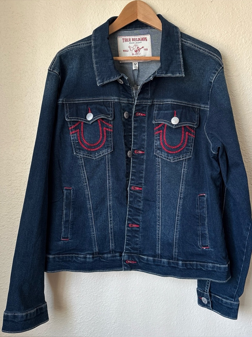 True Religion Dark Blue Denim Jacket with Red Stitching Accents